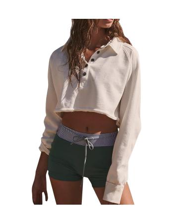 midelxp 2023 Fall Oversized Sweatshirt for Women Polo Collar Beach Cropped Hoodies Ladies Long Sleeve Tops Aesthetic Clothes Large A2-white