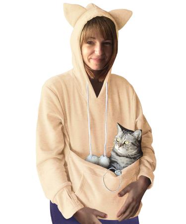 Dresswel women hooded sweater pullo with dog bag cats dog bag bag hoodie cat sweatshirt sweater with hooded cat sweater bag long arm autumn winter xl khaki