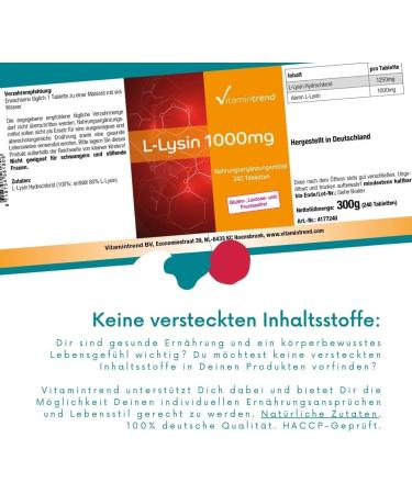 High Dose L-Lysine 1000mg - 240 Vegan Tablets | 8-Month Supply | Vitamintrend - International Shipping Available - Buy Online on GoSupps.com