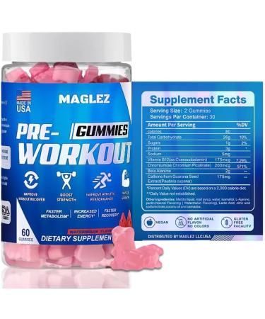 Maglez Pre Workout Gummies for Men & Women PreWorkout Gummy with Beta Alanine | Organic Caffeine | Chromium Picolinate | Gluten free Vegan increased energy faster metabolism & recovery (60 gummy) - Buy Online on GoSupps.com
