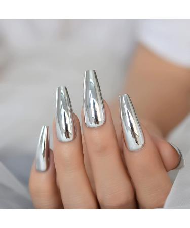 Silver Punk Metallic Press On False Nails - Long Coffin Ballerina Chrome Mirror Fake Nails - Full Cover Acrylic Nail Tips with Glue Tape - Women/Girls - L5883-1 - Buy Online on GoSupps.com
