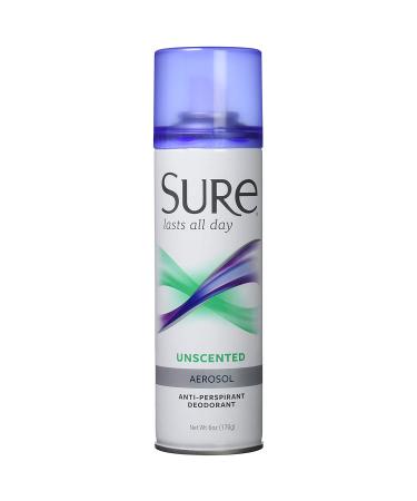 Sure Deodorant 6 Ounce Aerosol Unscented (177ml) (6 Pack)