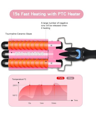 Pretfy 3 Barrels Hair Curler 25mm - Adjustable Temperature Mermaid Wand Beach Waves Curling Iron for Medium Long Hair - Buy Online on GoSupps.com