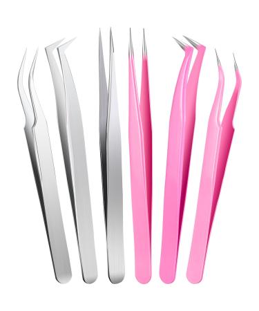 6 Pieces Eyelash Extension Tweezers Lash Tweezers Set Stainless Steel Straight and Curved Tip Tweezers Precision Eyebrow Tweezers Nippers for Eyebrow Hair (Silver  Pink)