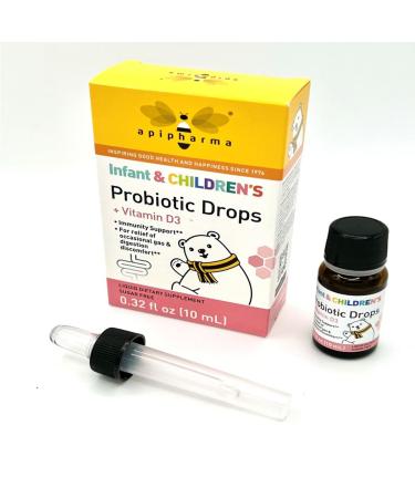 apipharma Infant Probiotic Drops with Vitamin D3 - for Kids Toddlers & Infants - Digestive Health & Immunity Support Gas & Discomfort Assistance (0.32oz)