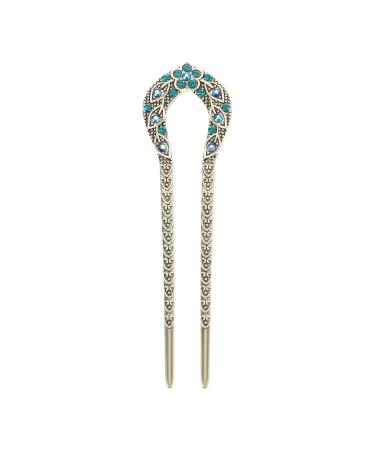 Lurrose Vintage Mental Hair Forks U-shaped Crystal Chignon HairPin Hair Stick Hairstyle Accessories for Girls (Blue)