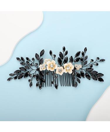 Kercisbeauty Ivory Rose Flower Black Crystals Beads Hair Comb Side Headpiece for Wedding Brides Women Girls Dancing Ball Prom Halloween Jewelry