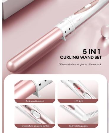 CkeyiN Ceramic Curling Wand - 5 in 1 Hair Curlers, Adjustable Temperature, Professional Hair Styling Tool for Long Hair - Pink & White - Buy Online on GoSupps.com