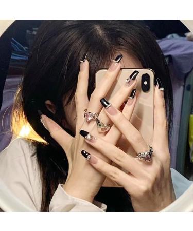 French Tip Press on Nails - Long Square Press On Nails with Nail Tips Love Diamond Chain Design Black press on nails Acrylic False Nails Cute Artificial Nails - Buy Online on GoSupps.com