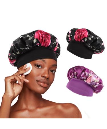 Satin Bonnet Silk Bonnet for Sleeping Elastic Wide Band  Women Silk Hair Bonnets 2PCS Silk Hair Wrap for Sleeping (Black Floral & Purple Floral)