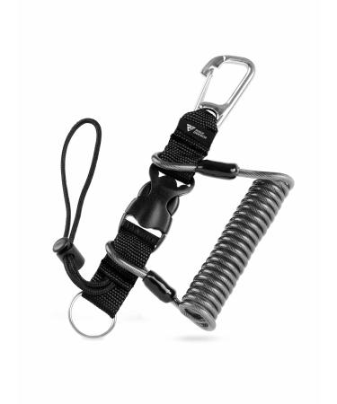 Rogue Endeavor Heavy Duty Dive Snappy Coil, Stainless Clip, Split Ring & Slide Lock Lanyard, Quick Release Buckle, 36" Steel Core Lanyard, Ideal for Cameras/Lights/Tools/Paddles Smoke Black
