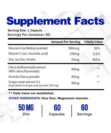 Beautyelan Zinc Supplement 50mg - Immune Support with Vitamin A and C - Skin Health - Vegan Non-GMO - Gluten Free - 60 Capsules - Buy Online on GoSupps.com