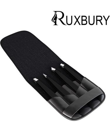 Ruxbury 4pcs Professional Stainless Steel Tweezers Set for Women & Men - Slanted & Pointed Tip, Black Coated Precision Tweezers for Facial Hair, Ingrown Hair - Includes Leather Pouch - Buy Online on GoSupps.com