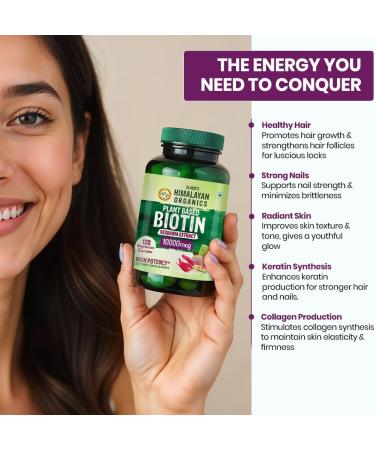 Himalayan Organics Organics Plant Based Biotin 10000Mcg for Longer Hair Growth | Glowing Skin and Longer Nails Supplement | for Men and Women - 120 Veg Capsules - Buy Online on GoSupps.com