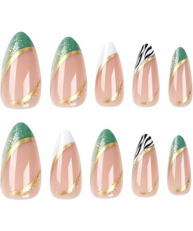 French Tip Press on Nails with Nail Tips Green almond shaped fake nails with black and gold stripe design press on nails Acrylic False Nails Cute Artificial Nails - Buy Online on GoSupps.com