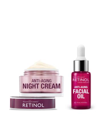 Retinol Night Cream Works While You Sleep to Restore and Reduce Fine Lines and Wrinkles + Retinol Anti-Aging Facial Oil With Nine Essential Oils Restores Hydration and Nourishment