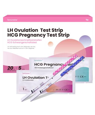 Femometer 20 ovulation test + 5 pregnancy test 25 miu/ml optimal sensitivity with urine cup Lh20hcg5