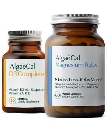 AlgaeCal Magnesium Relax - Chelated Magnesium with Ashwagandha for Sleep & Occasional Anxiety and AlgaeCal D3 Complete - ADEK Vitamin Supplement Enhanced Immune Support & Bone Health with D3 K2
