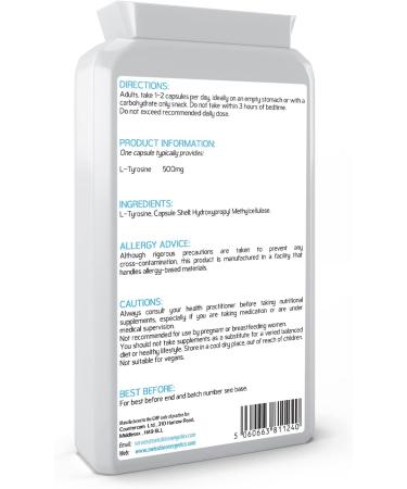 L-Tyrosine 500mg 120 Capsules - Pure Amino Acid Supplement for Vegetarians - UK Made - Buy Online on GoSupps.com