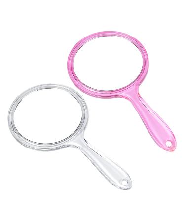 HZLHZYY 2 Pack Clear & Pink Hand Mirror Double Sided Small Cute Travel Hand Mirror Round Shape Mini Makeup Mirror 1X/ 3X Magnifying Mirror with Handle Cosmetic Mirror for Women Girls Valentine's Day