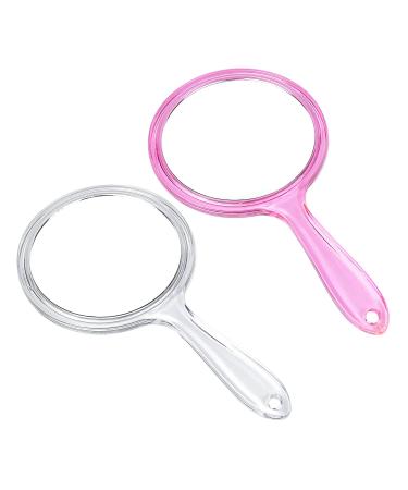 HZLHZYY 2 Pack Clear & Pink Hand Mirror Double Sided Small Cute Travel Hand Mirror Round Shape Mini Makeup Mirror 1X/ 3X Magnifying Mirror with Handle Cosmetic Mirror for Women Girls Valentine's Day