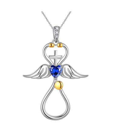 Cute Cat Necklace with Sparkling Zirconia Crystal Birthstone Pendant Necklace for Girls Womens White Gold Over 925 Sterling Silver Animal Necklace Birthstone Jewelry Sweet Present Girlfriend Sisters F Sapphire Pendant