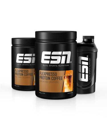 ESN FlexPresso Protein Coffee + Free Shaker Karamell 2 x 908 g creamy protein coffee with up to 22 g protein per serving tested quality - made in germany 2 x caramel 908 g (2 Pack)