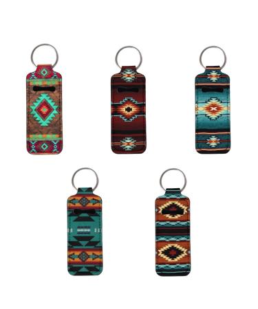 Baxinh Full Set of 5 Pieces Chapstick Holder Keychain for Women Girl Neoprene Lip Balm Protector Aztec Southwest Pattern - Multicolor