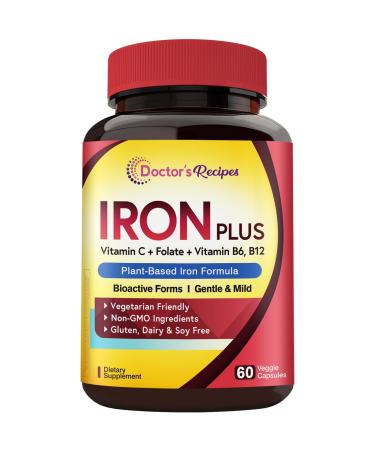 Doctor's Recipes Iron Supplement Iron Bisglycinate with Vitamin C B6 Folate & B12 Non-Constipating Stomach Friendly Gentle Iron Pills 60 Vegan Caps 60 Count (Pack of 1)