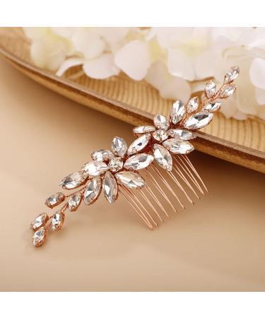 Chargances Flower Crystal Bridal Wedding Hair Comb Silver Rhinestone Hair Side Comb Bride Hair Accessories for Bridal Bridesmaid Women (Rose gold)