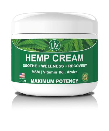 Natural Hemp Cream for Joints, Muscles, Back, Knees, Neck - Fast Acting Potent Hemp Oil Extract Rub with Arnica, Vitamin B6, MSM, & Emu Oil - 4 oz - Made in USA