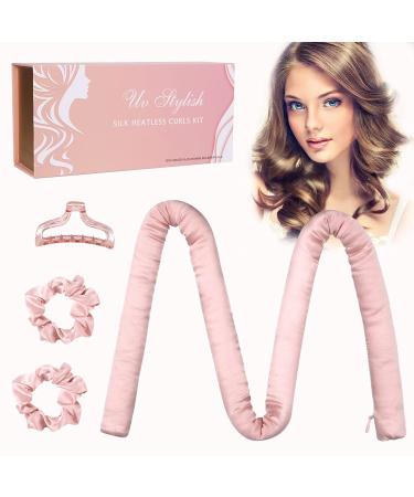 Heatless Hair Curlers Curling Rod Headband - 100% Mulberry Silk No Heat Hair Curls Ribbon Rollers For Long Hair To Sleep In - Gifts Box For Women Her Cute Stuff pink
