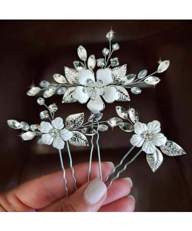 YBSHIN Bride Wedding Silver Hair Pins Crystal Hair Clips Flower Bridal Headpieces leaves Hair Accessories Jewelry for Women and Girls (Pack of 3) (A-Silver)