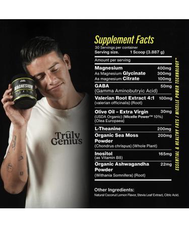 Truly Genius Magnesium Glycinate Powder Supplement - L-Theanine Ashwagandha Valerian Root - High Absorption - Supports Muscle Repair - Founded by James Rodriguez - 30 Servings (Coconut Lemonade) - Buy Online on GoSupps.com