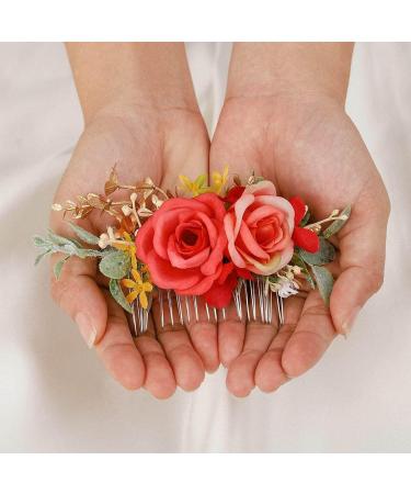 IYOU Red Bridal Hair Comb Artificial Flower Headpiece Leaves Prom Beach Wedding Sides Combs Hair Dress Accessories for Bride and Bridesmaid - Buy Online on GoSupps.com
