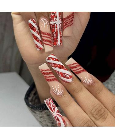 Vatocu Christmas False Nails Long Xmas Press on Nails Snowflakes Glitter Fake Nails Ballerina Acrylic Stick on Nails for Women and Girls(24pcs) - Buy Online on GoSupps.com