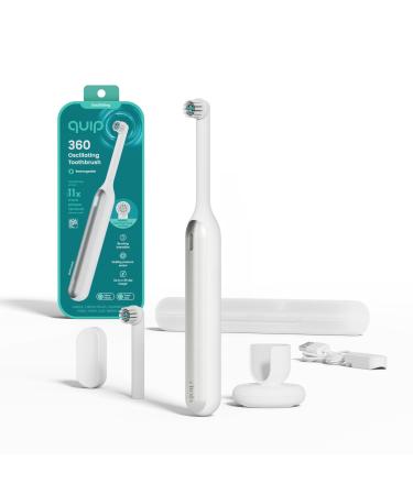 Quip 360 Oscillating Rechargeable Electric Toothbrush with Extra Brush Head - Soft Bristles Pressure Sensor 3 Intensities 30-Day Battery Life 2-Min Timer Travel Case Mirror Mount - Silver Cloud