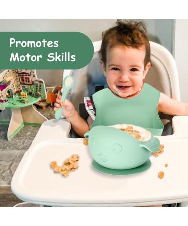 Little Chiltern Co 8 Pcs Silicone Baby Weaning Set - Adjustable Bib Suction Bowl & Plate Cup Fork & Spoon - Green - Buy Online on GoSupps.com