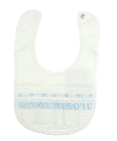 Cute Baby Girls Boys Babies Newborn 3 6 Months Infant Childrens Feeding Weaning Bandana Burp Dribble Broderie Anglais Lace Ribbon Wedding Baptim Christening Fancy Frilly Bib Cotton Satin Bow Trim White Blue