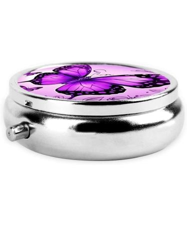 Purple Butterfly Portable Metal Pill Box - Round Mini 3-Compartment Hinged Design Ideal for Small Pills & Travel - Buy Online on GoSupps.com