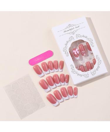 French Tip Press on Nails with Charms - Medium Long Square Acrylic Nails | Cute Bow & Rhinestones for Women - Daily Wear Perfect French Nails - Buy Online on GoSupps.com