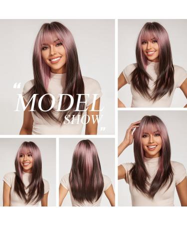 Shop Oefei Pink Brown Ombre Wig | Long Straight Layered Synthetic Heat-Resistant Wigs for Women - Perfect for Daily Wear & Cosplay - Buy Online on GoSupps.com