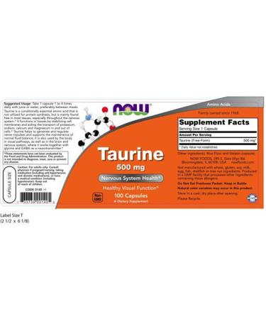 Now Foods Taurine 500 mg - 100 Capsules (Pack of 2) | Pure Energy & Heart Health - Buy Online on GoSupps.com
