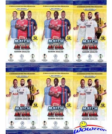 2022/23 Topps Match Attax Champions League UEFA Soccer Collection of (6) Factory Sealed Foil Packs with 72 Cards! Look for Top Stars including Messi, Haaland, Ronaldo, Pulisic, Mbappe & More! WOWZZER!