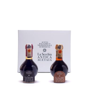La Secchia - "Duetto" traditional balsamic vinegar from Modena Dop with the age of 20 and 35 years 2 bottles of 100 ml with a dosing cap made of blown glass duett (duet)