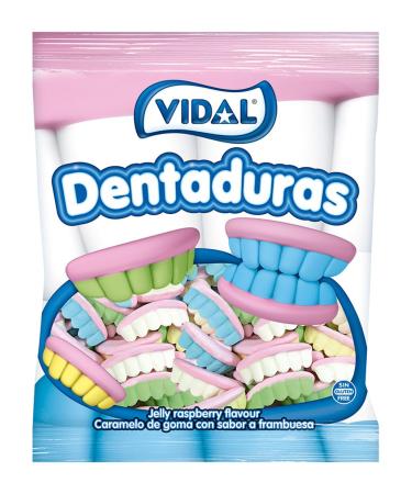Vidal Dents originales en blanc bleu vert et jaune Bonbon en caoutchouc en forme de dentier sans gluten et sans graisse - Sachet de 250 u