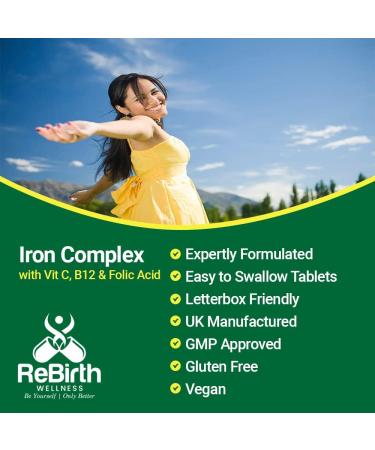 High Strength Iron Supplements with Vitamin C, B12, and Folic Acid - 180 Tablets | Made in the UK | Rebirth Wellness - Buy Online on GoSupps.com