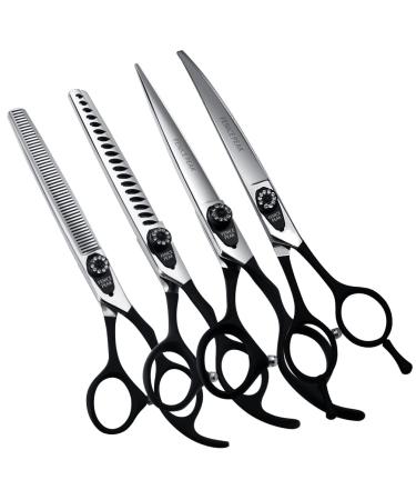 Fenice Peak 7.5'' Professional Dog Grooming Scissors Set with Black Non-Slip Handle 440C Stainless Steel Straight Thinning Curved Chunker Shears 4pcs Set for Pet Grooming Services Combo 7.5''