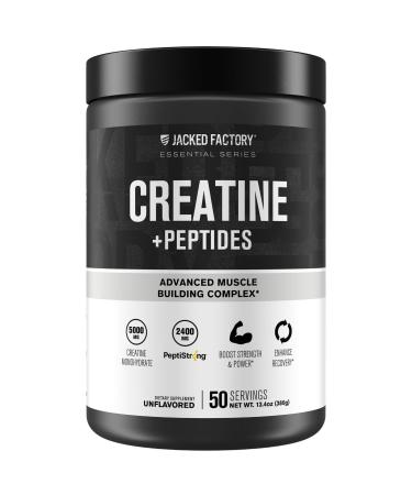 Jacked Factory Creatine + Peptides - Creatine Monohydrate and PeptiStrong Peptides for Muscle Growth and Reduced Muscle Breakdown - Unflavored - 50 Servings
