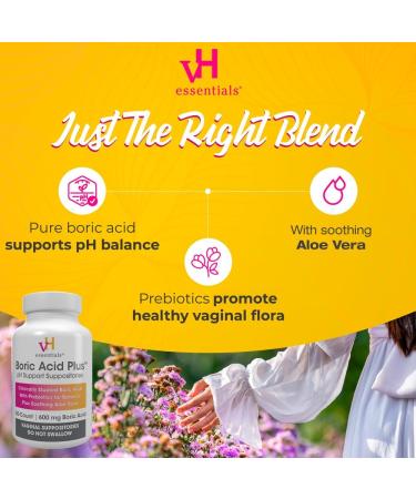 vH Essentials Boric Acid Plus Vaginal Suppositories - Prebiotic & Aloe Vera for pH Balance Odor Control & Freshness - 600mg 30 Count - Buy Online on GoSupps.com